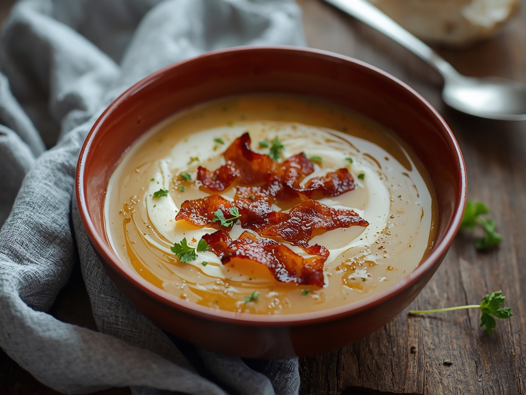Blomkålssuppe med porre og sprød bacon