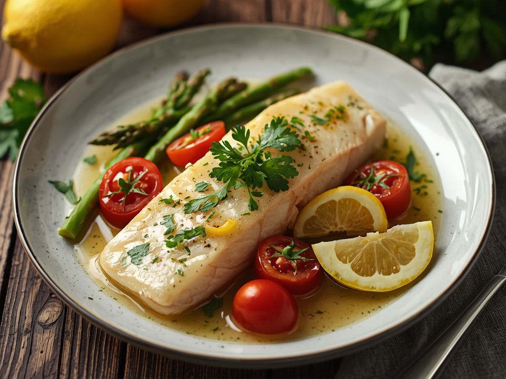 Fiskefilet med citronsmør, asparges og cherrytomater