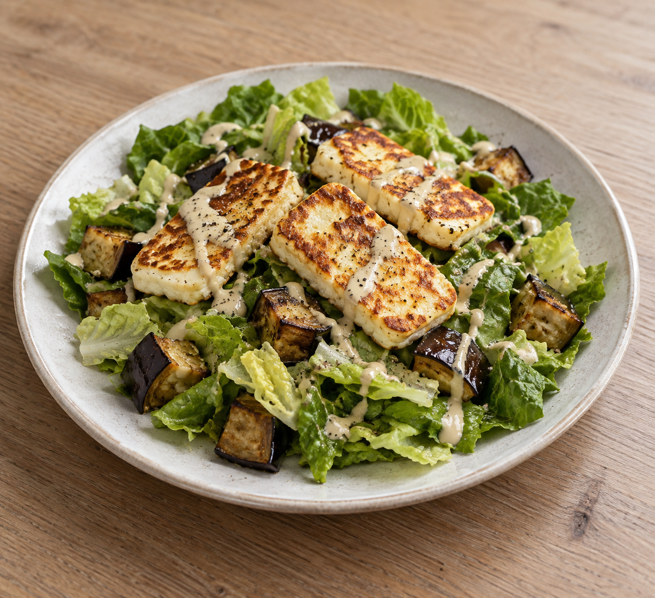Halloumisalat med aubergine og tahindressing