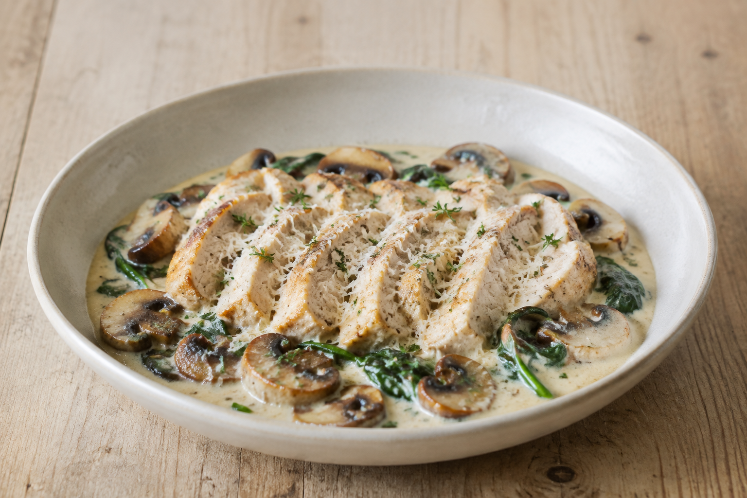 Kalkunbryst i flødesauce med champignon, spinat og parmesan