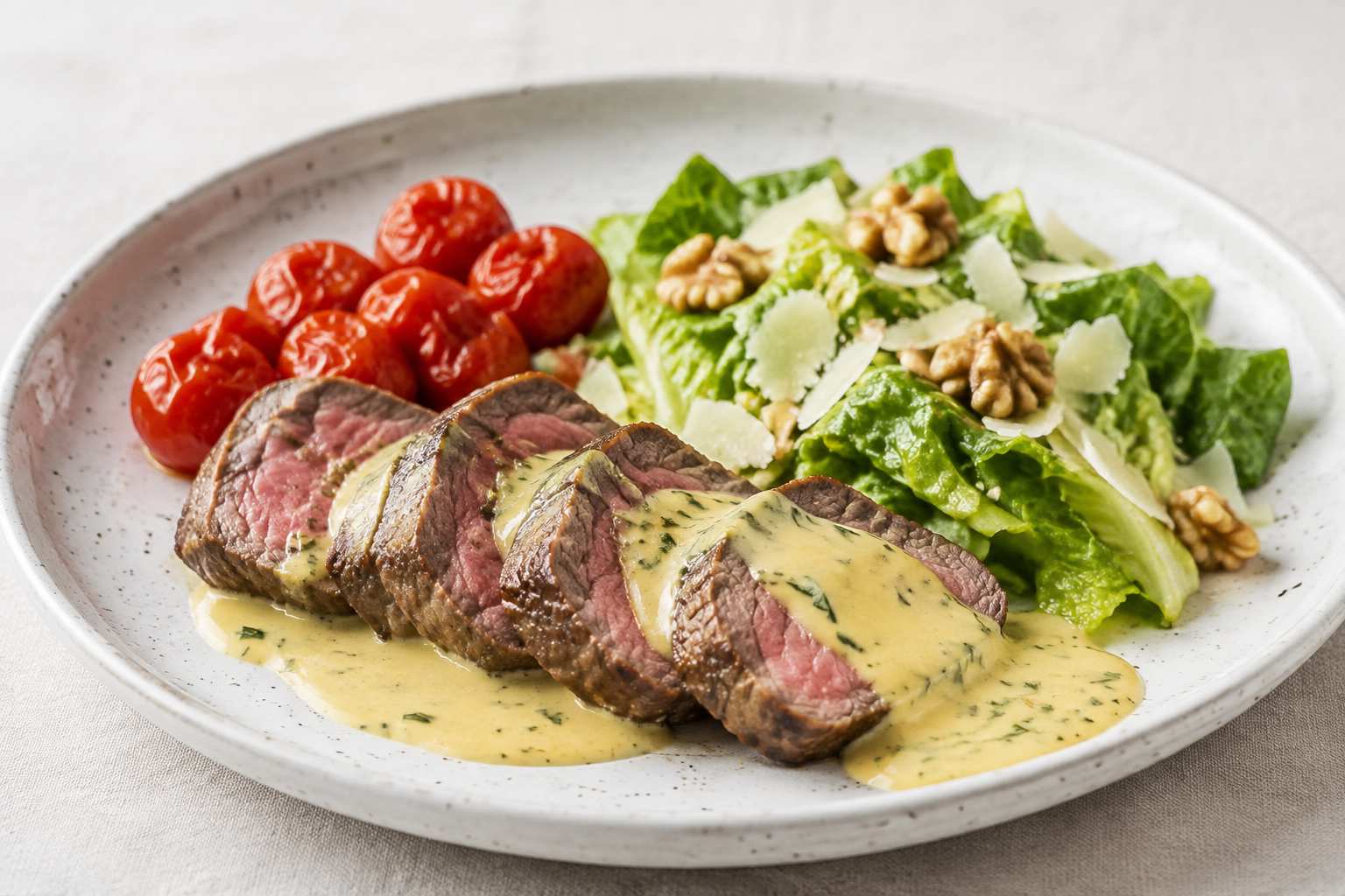 Mørbrad med bearnaisesauce, ovnbagte cherrytomater og parmesansalat